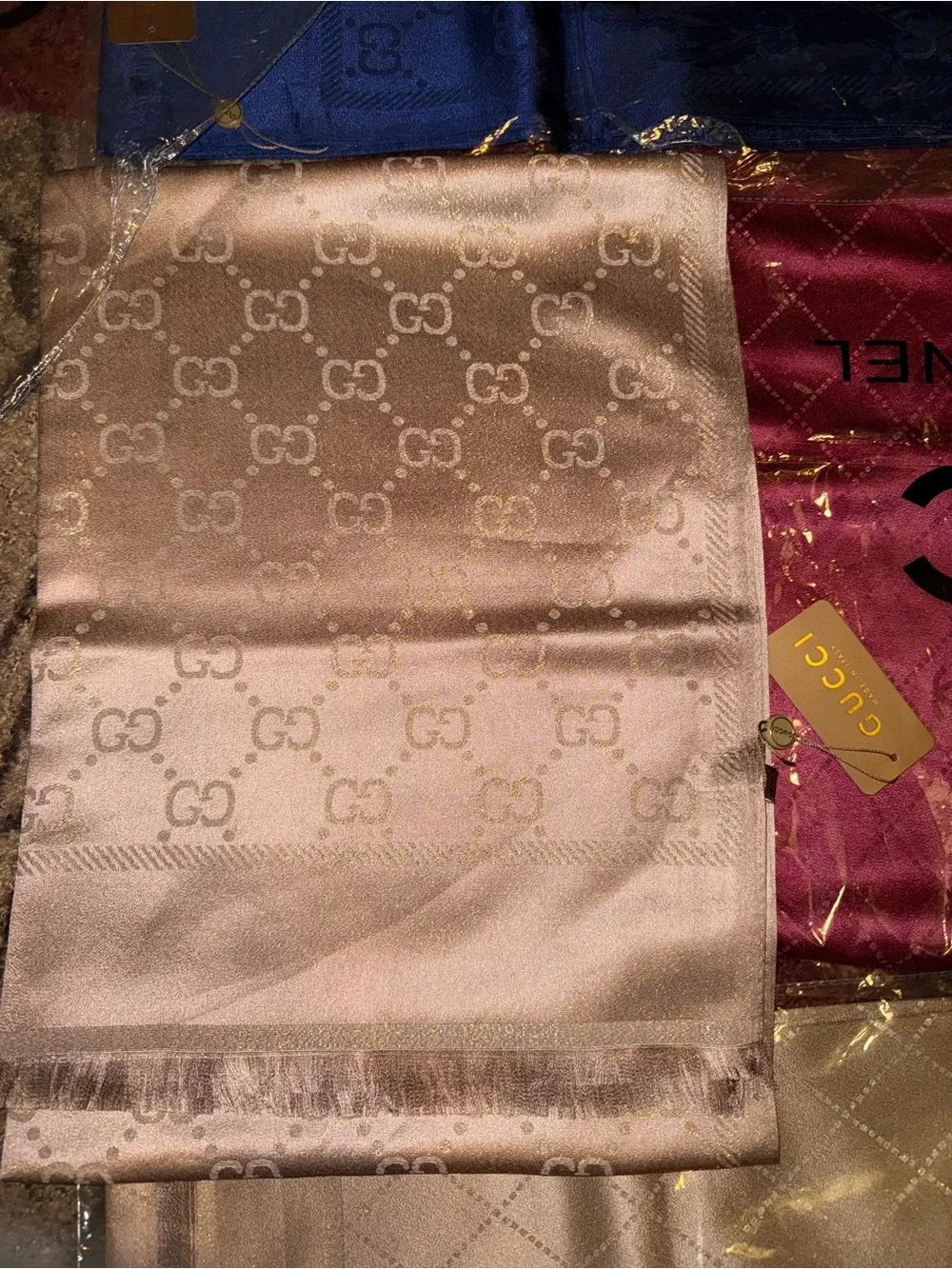 Tan/Tan w/ Gold Tint Reversible Soie Silk Fashion Scarf/Wrap- NWT